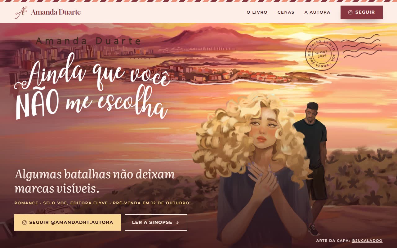 Página de lançamento do romance Ainda que você não me escolha, com a capa ilustrada e o selo de pré-venda.